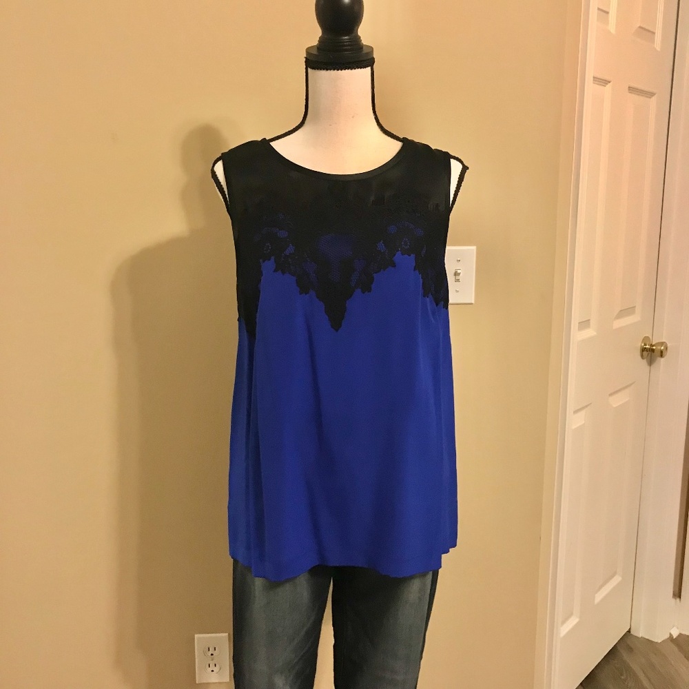 Search for Sanity Blue Silk Tank with Black Lace